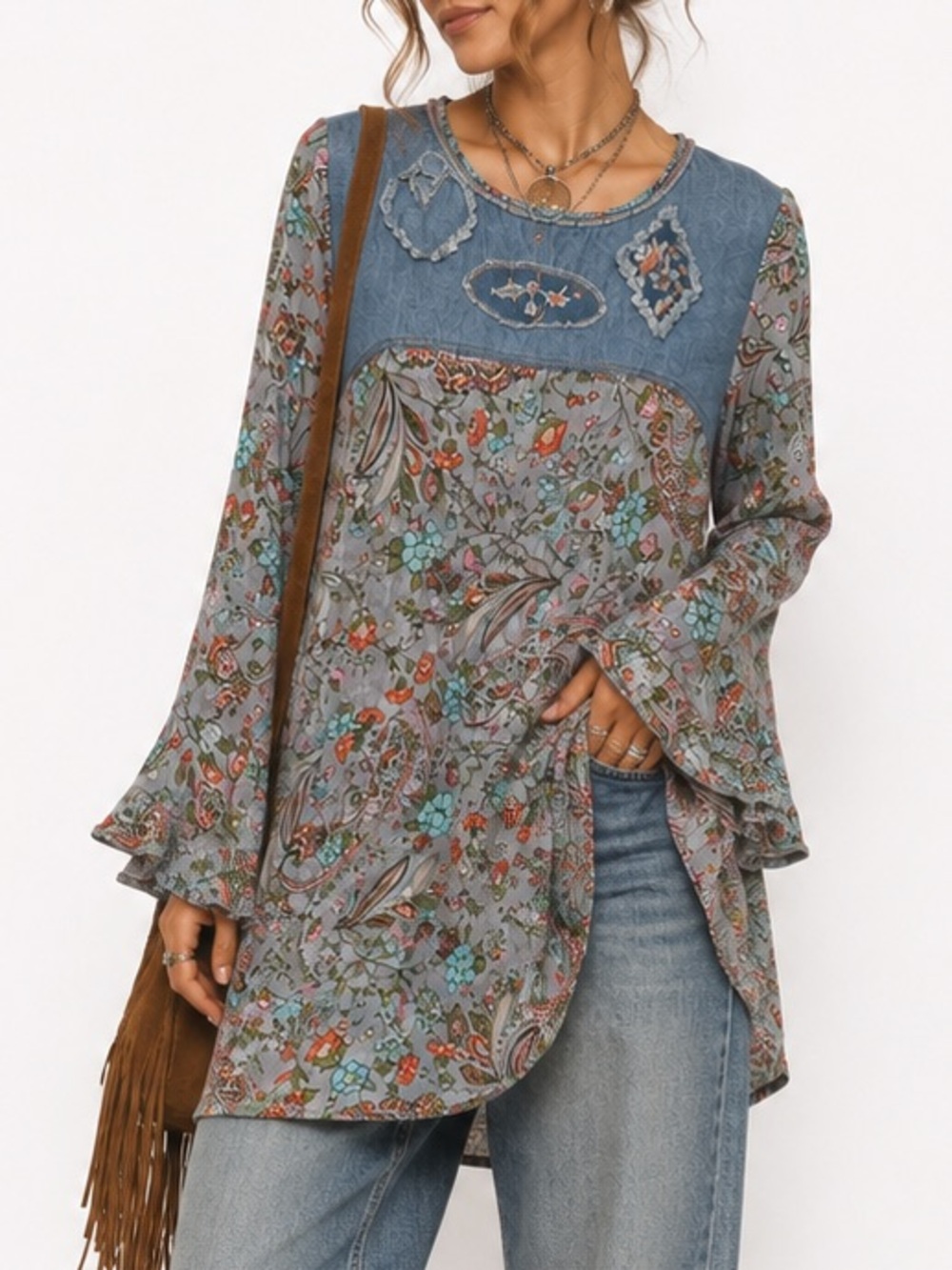 Janis Boho Paisley Denim Tunic Mini Dress Small